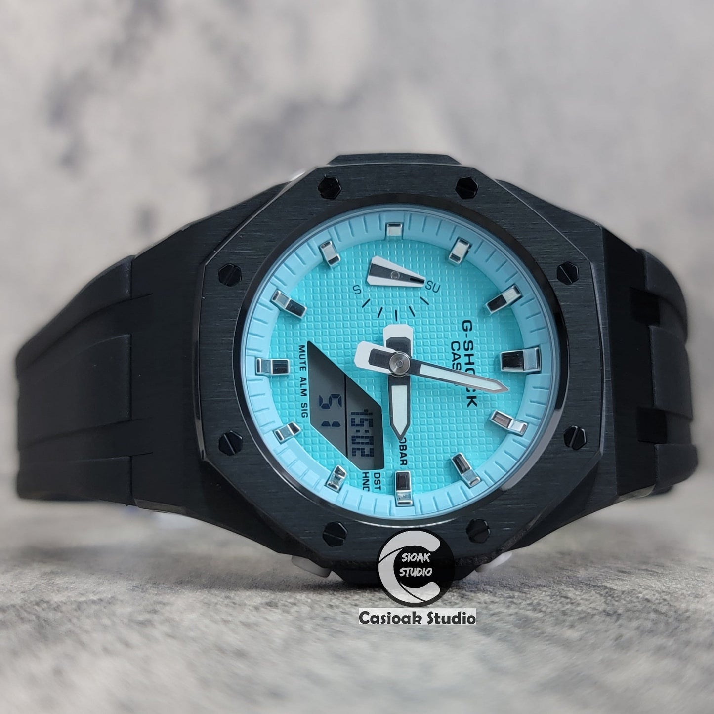 Casioak Mod Watch Black Case Black Rubber Strap Tiff Silver Time Mark Tiff Blue Dial 42mm- Casioak Mod Casio G-Shock Royal Oak Custom Mens Luxury Watches Ga2100