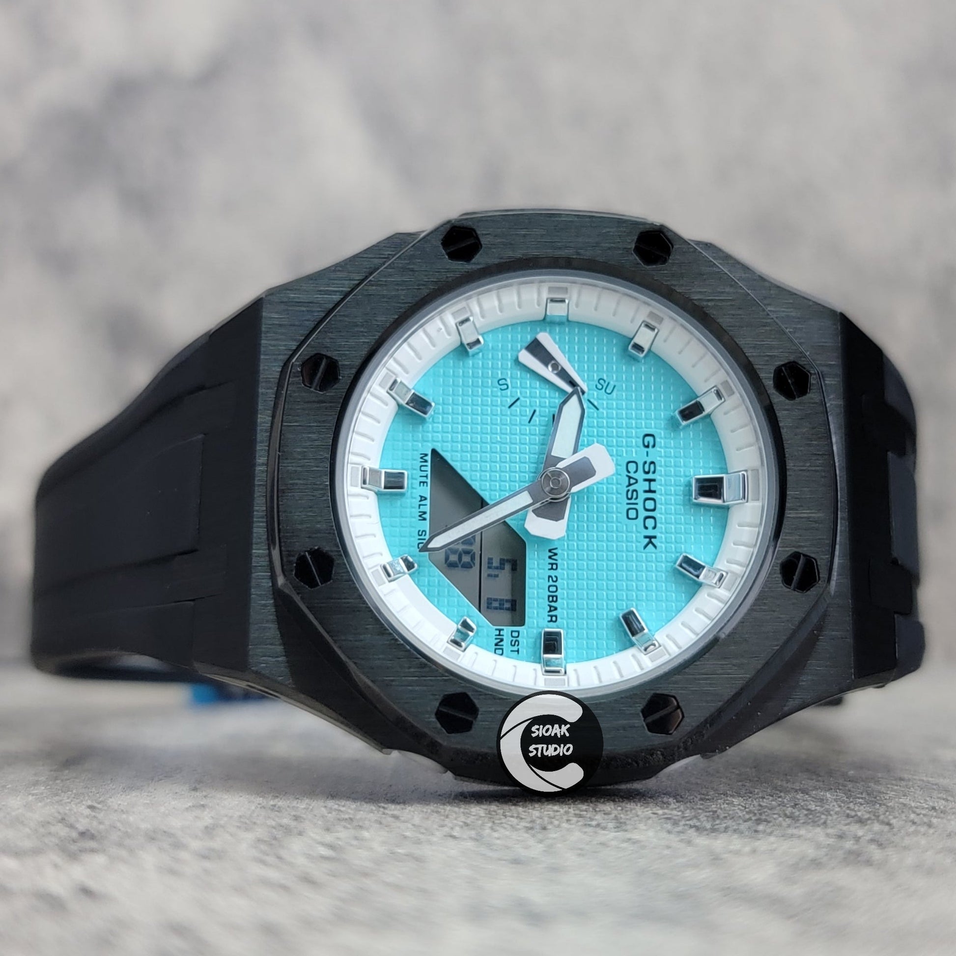 Casioak Mod Watch Black Case Black Rubber Strap White Silver Time Mark Tiff Blue Dial 42mm- Casioak Mod Casio G-Shock Royal Oak Custom Mens Luxury Watches Ga2100