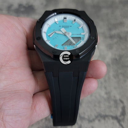 Casioak Mod Watch Black Case Black Rubber Strap White Silver Time Mark Tiff Blue Dial 42mm- Casioak Mod Casio G-Shock Royal Oak Custom Mens Luxury Watches Ga2100