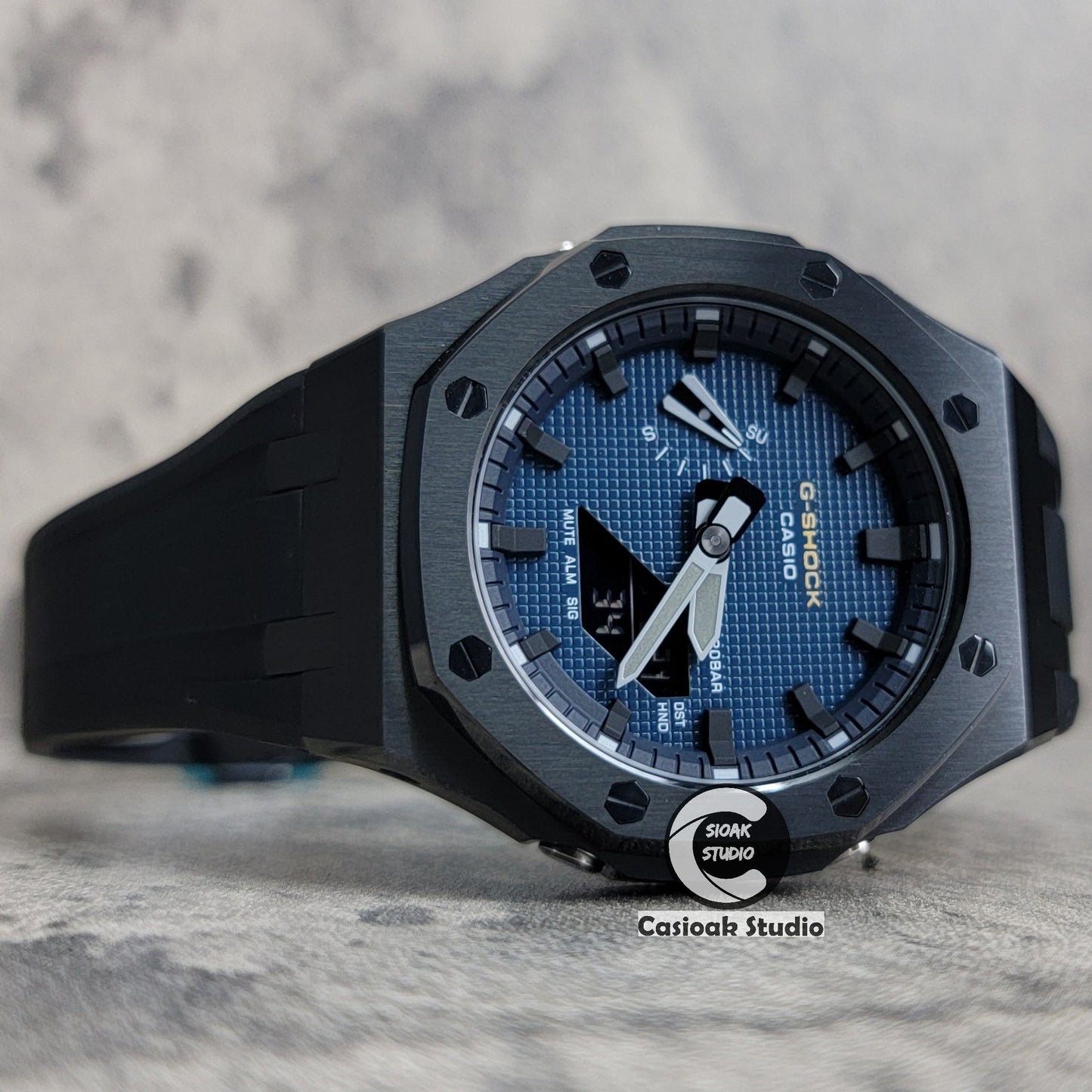 Casioak Mod Watch Black Case Black Strap Blue Black Time Mark Blue Waffle Dial 44mm- Casioak Mod Casio G-Shock Royal Oak Custom Mens Luxury Watches Ga2100