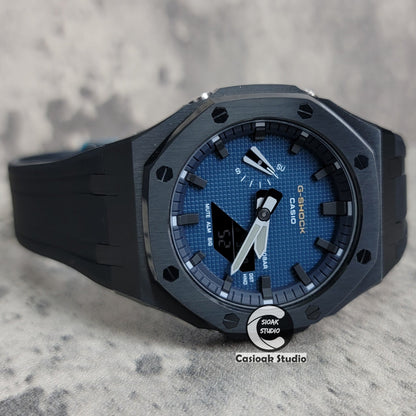 Casioak Mod Watch Black Case Black Strap Blue Black Time Mark Blue Waffle Dial 44mm- Casioak Mod Casio G-Shock Royal Oak Custom Mens Luxury Watches Ga2100