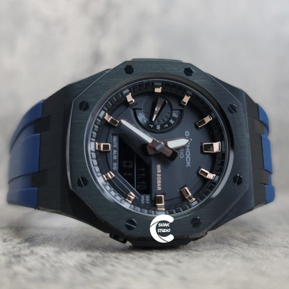 Casioak Mod Watch Black Case Blue Rubber Strap Black Rose Gold Time Mark Black Dial 42mm- Casioak Mod Casio G-Shock Royal Oak Custom Mens Luxury Watches Ga2100