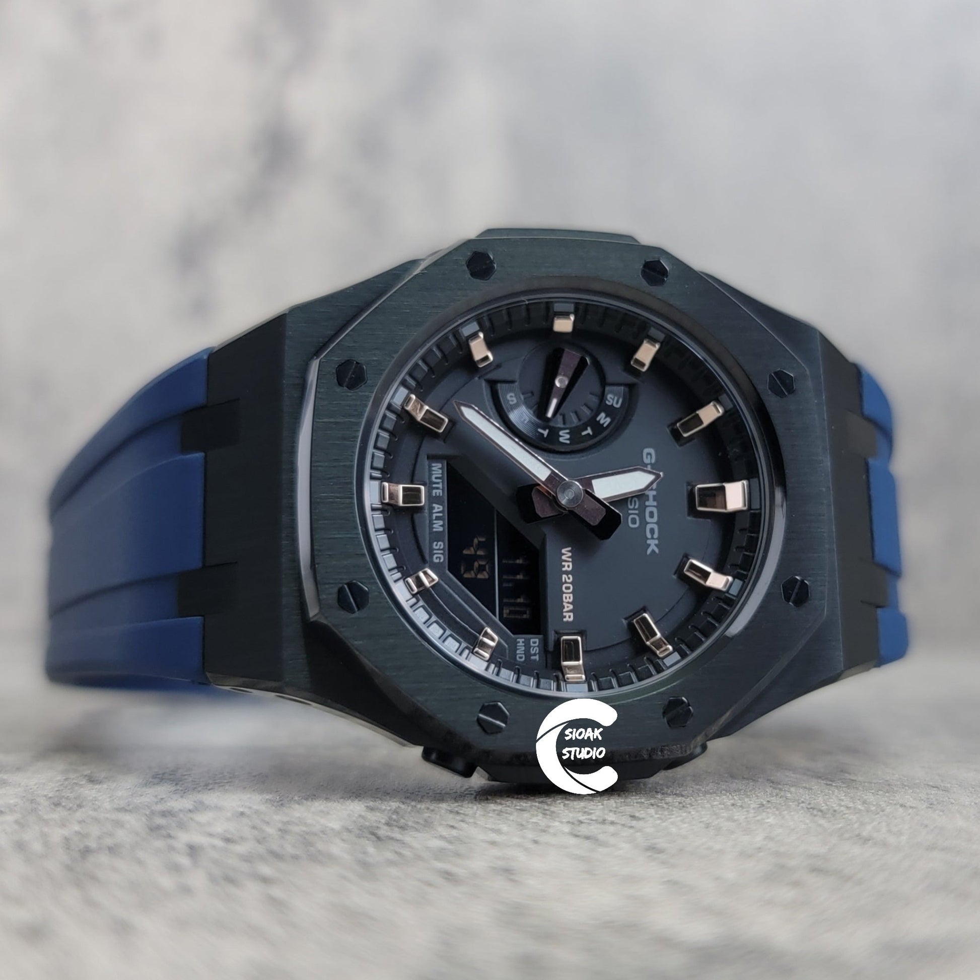 Casioak Mod Watch Black Case Blue Rubber Strap Black Rose Gold Time Mark Black Dial 42mm- Casioak Mod Casio G-Shock Royal Oak Custom Mens Luxury Watches Ga2100