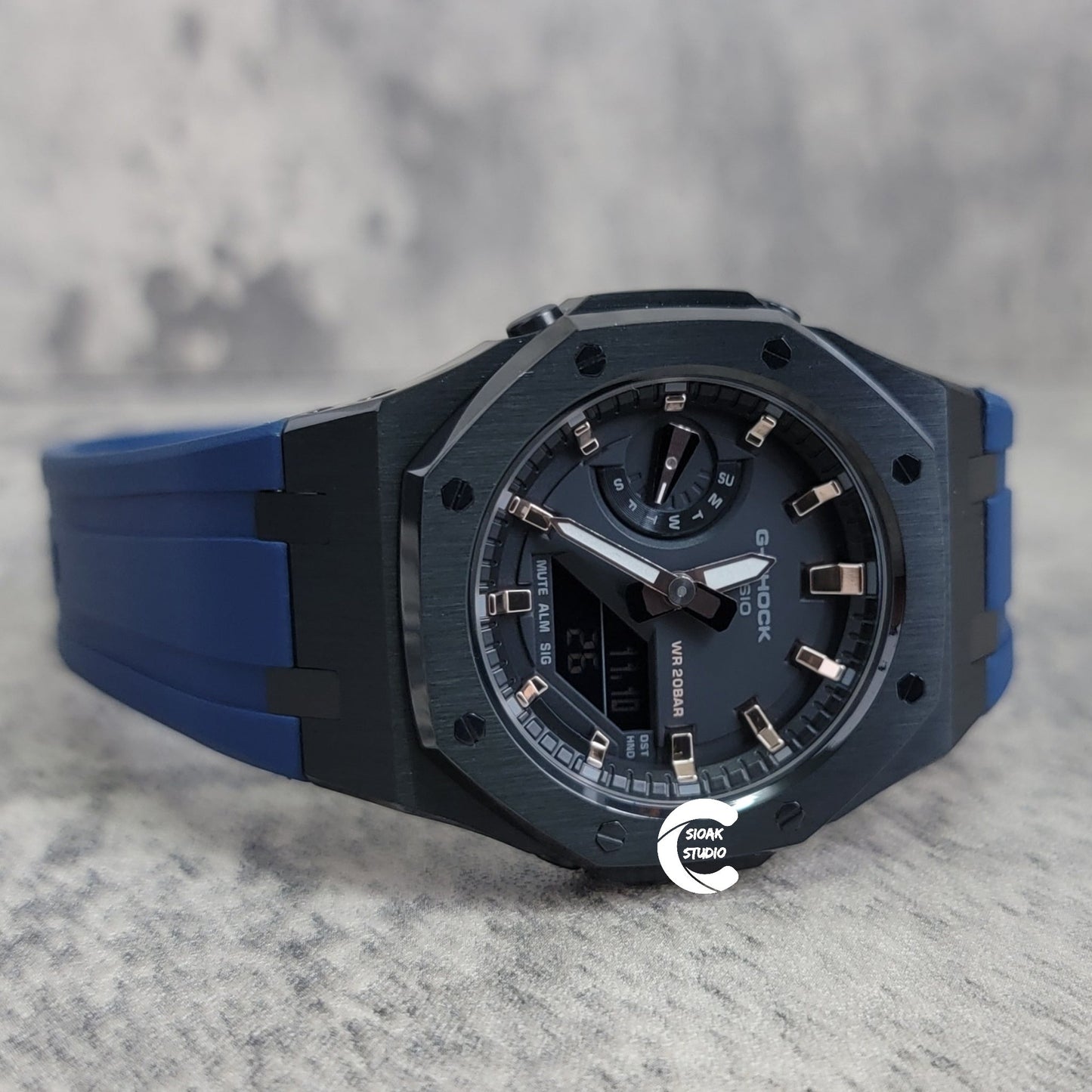 Casioak Mod Watch Black Case Blue Rubber Strap Black Rose Gold Time Mark Black Dial 42mm- Casioak Mod Casio G-Shock Royal Oak Custom Mens Luxury Watches Ga2100