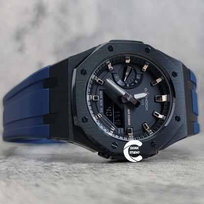 Casioak Mod Watch Black Case Blue Rubber Strap Black Rose Gold Time Mark Black Dial 42mm- Casioak Mod Casio G-Shock Royal Oak Custom Mens Luxury Watches Ga2100