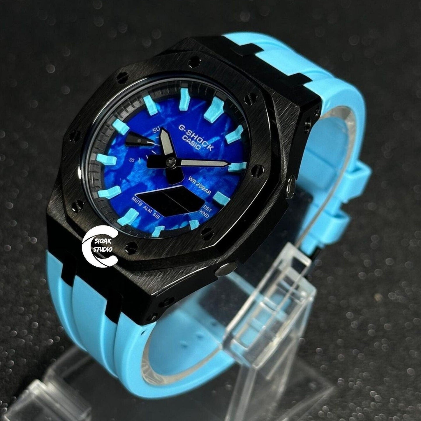 Casioak Mod Watch Black Case Blue Rubber Strap Black Tiff Time Mark Blue Dial 44mm- Casioak Mod Casio G-Shock Royal Oak Custom Mens Luxury Watches Ga2100