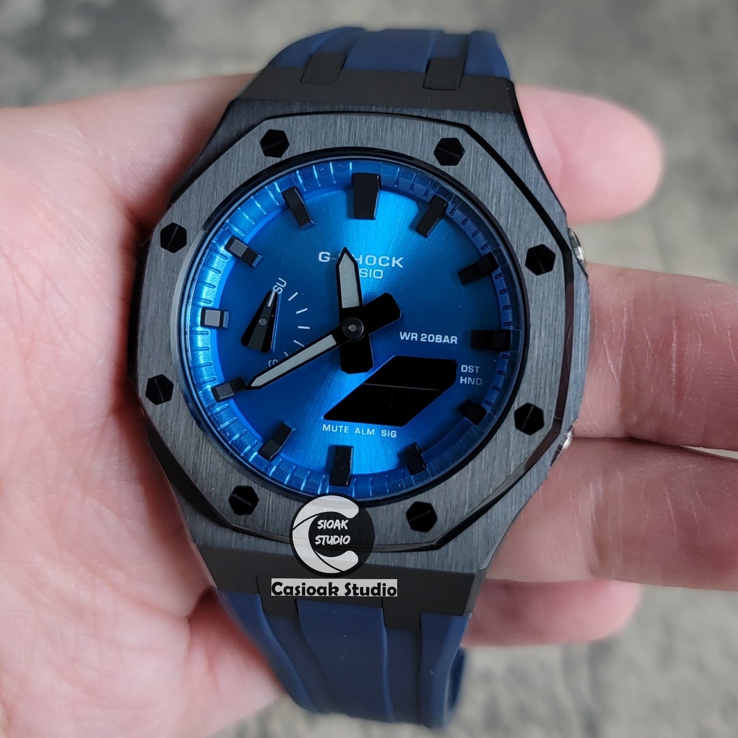 Casioak Mod Watch Black Case Blue Rubber Strap Blue Black Time Mark Blue Dial 44mm- Casioak Mod Casio G-Shock Royal Oak Custom Mens Luxury Watches Ga2100