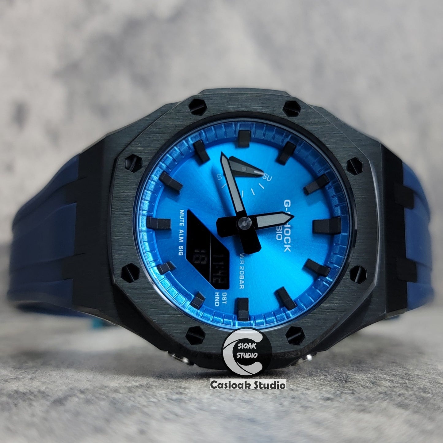 Casioak Mod Watch Black Case Blue Rubber Strap Blue Black Time Mark Blue Dial 44mm- Casioak Mod Casio G-Shock Royal Oak Custom Mens Luxury Watches Ga2100