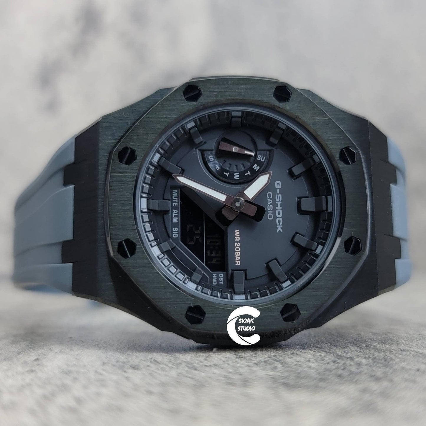 Casioak Mod Watch Black Case Gray Rubber Strap Black Time Mark Black Dial 42mm- Casioak Mod Casio G-Shock Royal Oak Custom Mens Luxury Watches Ga2100