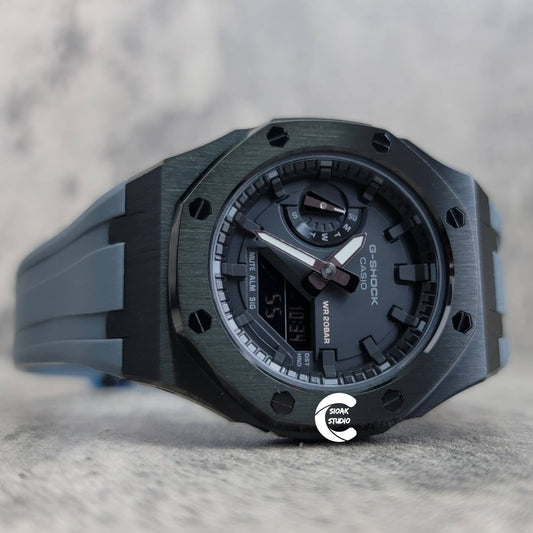 Casioak Mod Watch Black Case Gray Rubber Strap Black Time Mark Black Dial 42mm- Casioak Mod Casio G-Shock Royal Oak Custom Mens Luxury Watches Ga2100