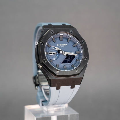 Casioak Mod Watch Black Case Gray Rubber Strap Blue Black Time Mark Blue Dial 44mm- Casioak Mod Casio G-Shock Royal Oak Custom Mens Luxury Watches Ga2100