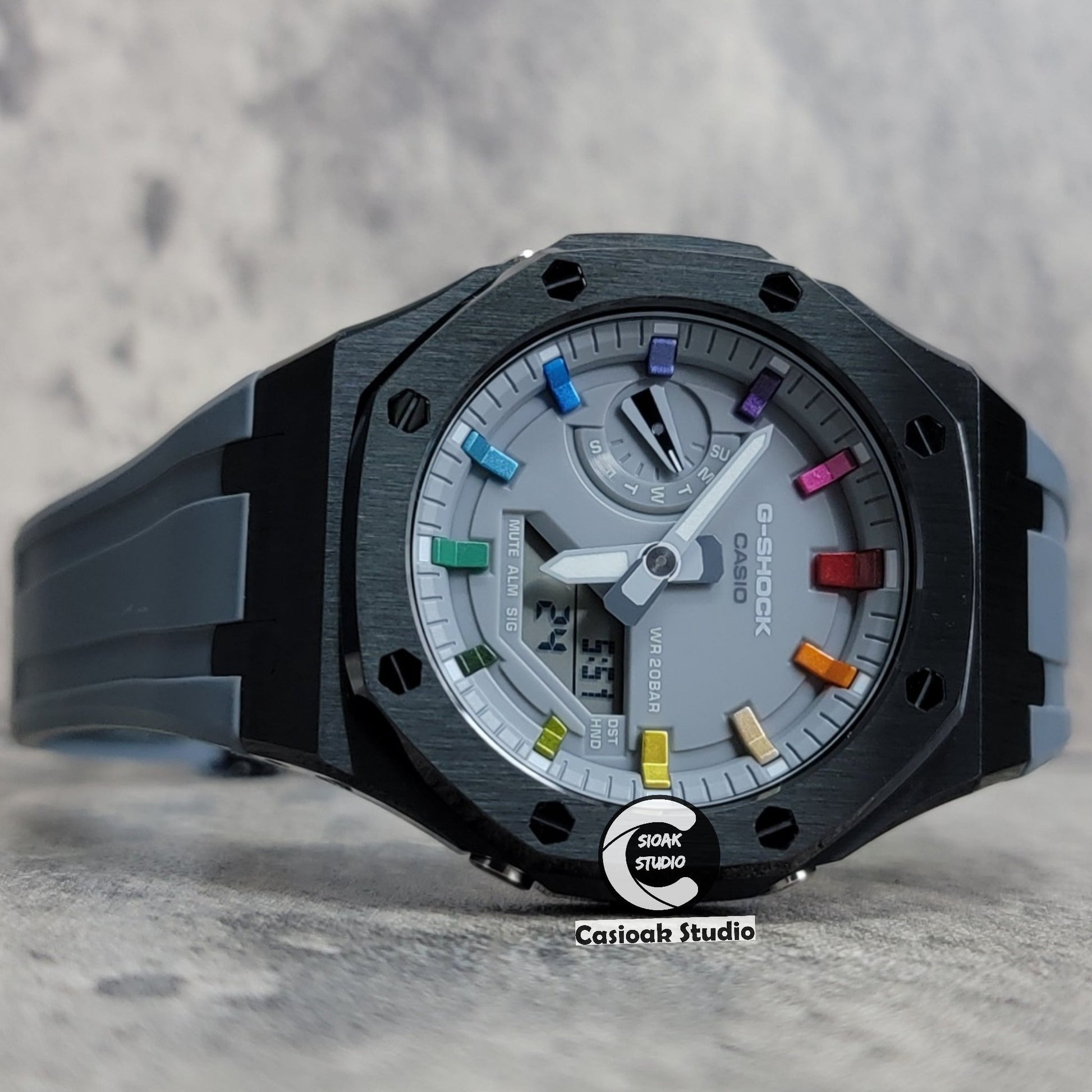 Casioak Mod Watch Black Case Gray Rubber Strap Gray Rainbow Time Mark Gray Dial 44mm- Casioak Mod Casio G-Shock Royal Oak Custom Mens Luxury Watches Ga2100