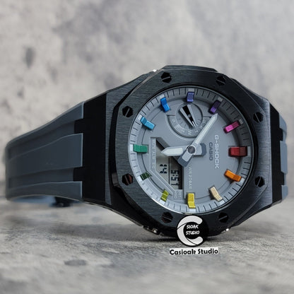 Casioak Mod Watch Black Case Gray Rubber Strap Gray Rainbow Time Mark Gray Dial 44mm- Casioak Mod Casio G-Shock Royal Oak Custom Mens Luxury Watches Ga2100