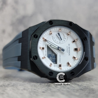 Casioak Mod Watch Black Case Gray Rubber Strap White Rose Gold Time Mark White Dial 42mm- Casioak Mod Casio G-Shock Royal Oak Custom Mens Luxury Watches Ga2100