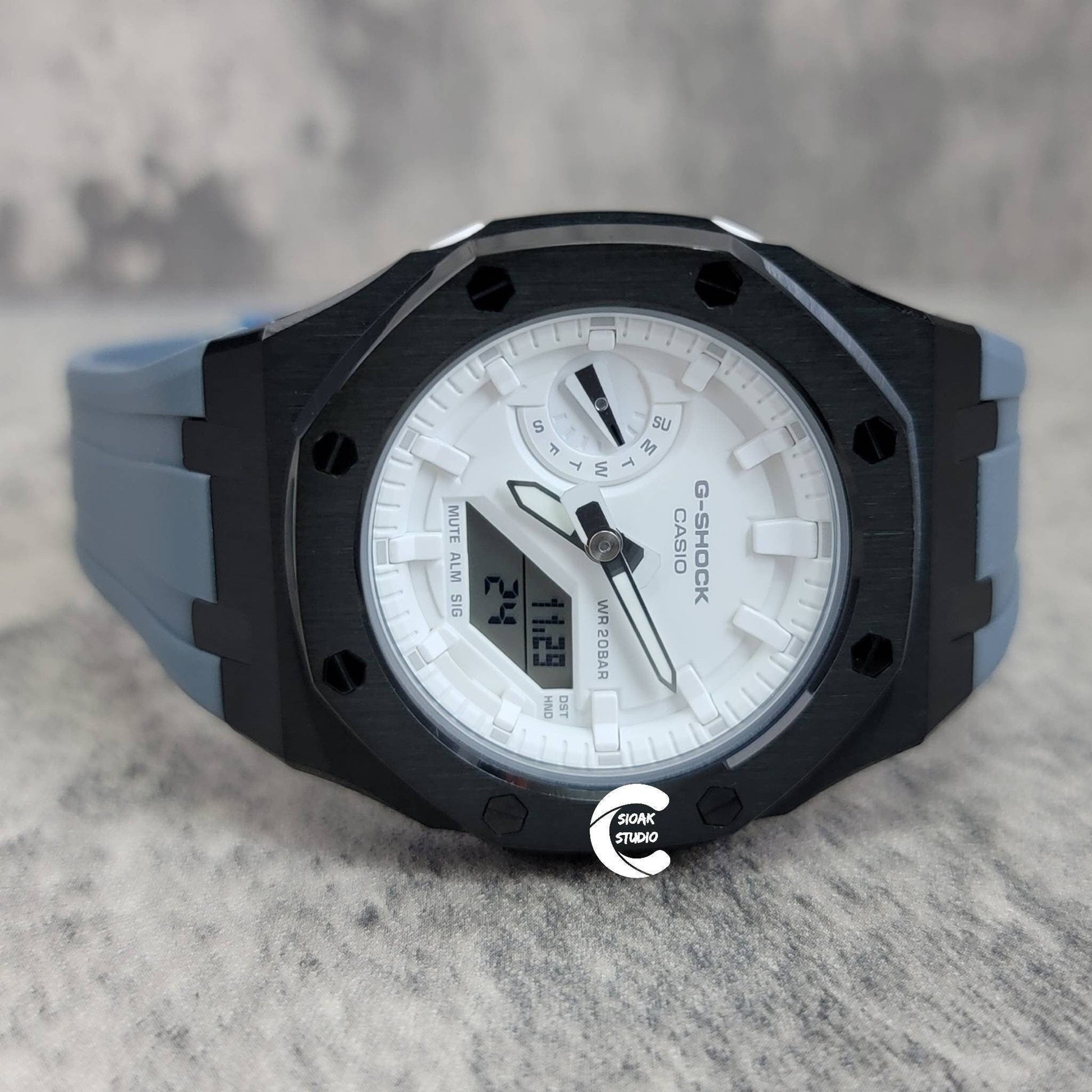 Casioak Mod Watch Black Case Gray Rubber Strap White Time Mark White Dial 42mm- Casioak Mod Casio G-Shock Royal Oak Custom Mens Luxury Watches Ga2100