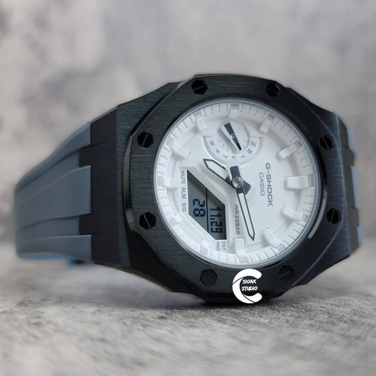 Casioak Mod Watch Black Case Gray Rubber Strap White Time Mark White Dial 42mm- Casioak Mod Casio G-Shock Royal Oak Custom Mens Luxury Watches Ga2100