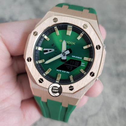 Casioak Mod Watch Black Case Green Rubber Strap Black Gold Time Mark Green Dial 44mm- Casioak Mod Casio G-Shock Royal Oak Custom Mens Luxury Watches Ga2100