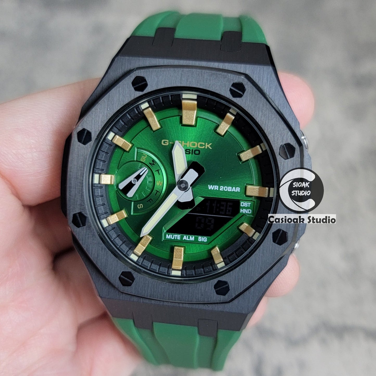 Casioak Mod Watch Black Case Green Rubber Strap Black Gold Time Mark Green Dial 44mm- Casioak Mod Casio G-Shock Royal Oak Custom Mens Luxury Watches Ga2100