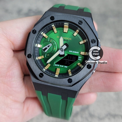 Casioak Mod Watch Black Case Green Rubber Strap Black Gold Time Mark Green Dial 44mm- Casioak Mod Casio G-Shock Royal Oak Custom Mens Luxury Watches Ga2100