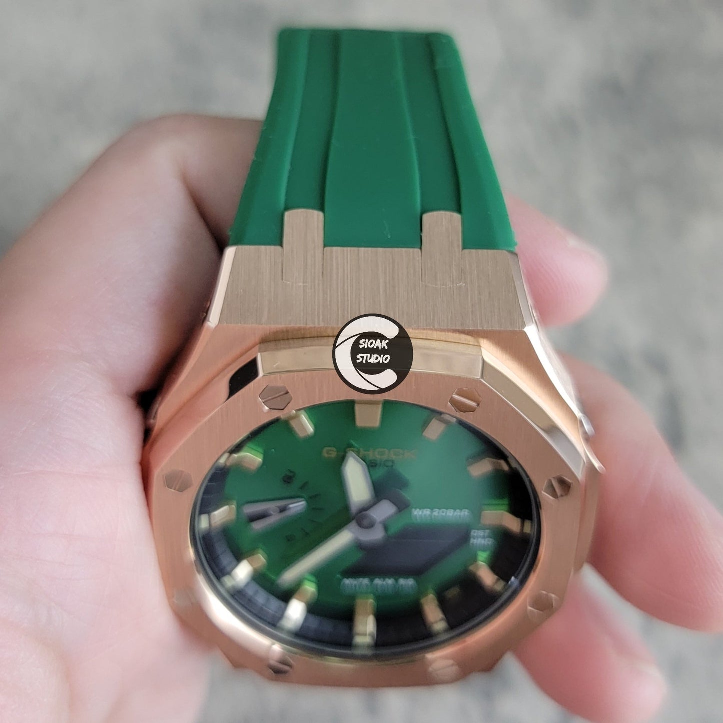 Casioak Mod Watch Black Case Green Rubber Strap Black Gold Time Mark Green Dial 44mm- Casioak Mod Casio G-Shock Royal Oak Custom Mens Luxury Watches Ga2100