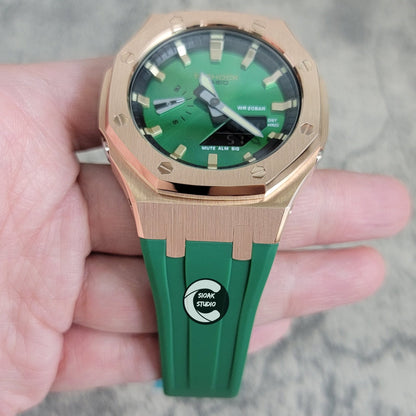 Casioak Mod Watch Black Case Green Rubber Strap Black Gold Time Mark Green Dial 44mm- Casioak Mod Casio G-Shock Royal Oak Custom Mens Luxury Watches Ga2100