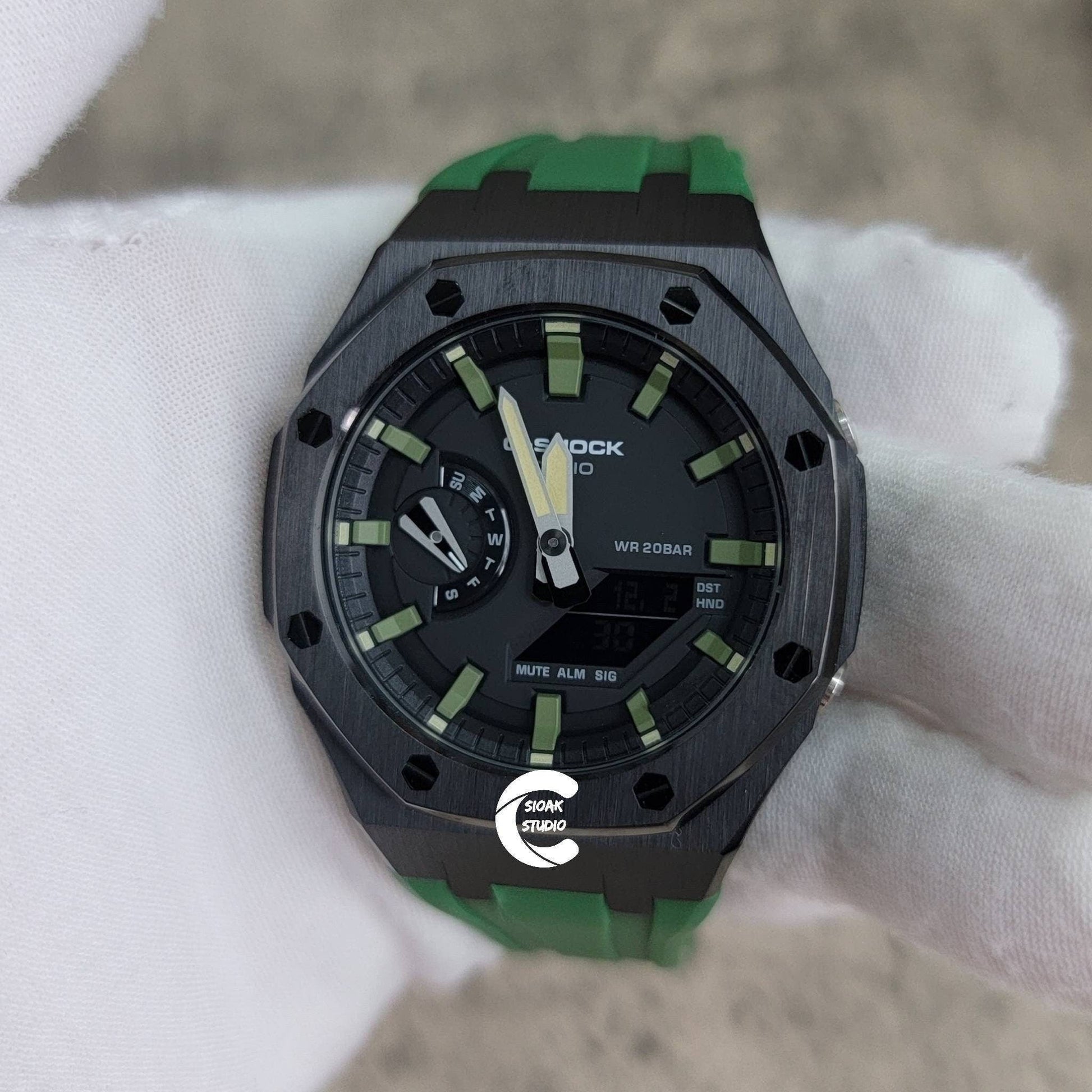 Casioak Mod Watch Black Case Green Rubber Strap Black Green Time Mark Black Dial 44mm- Casioak Mod Casio G-Shock Royal Oak Custom Mens Luxury Watches Ga2100