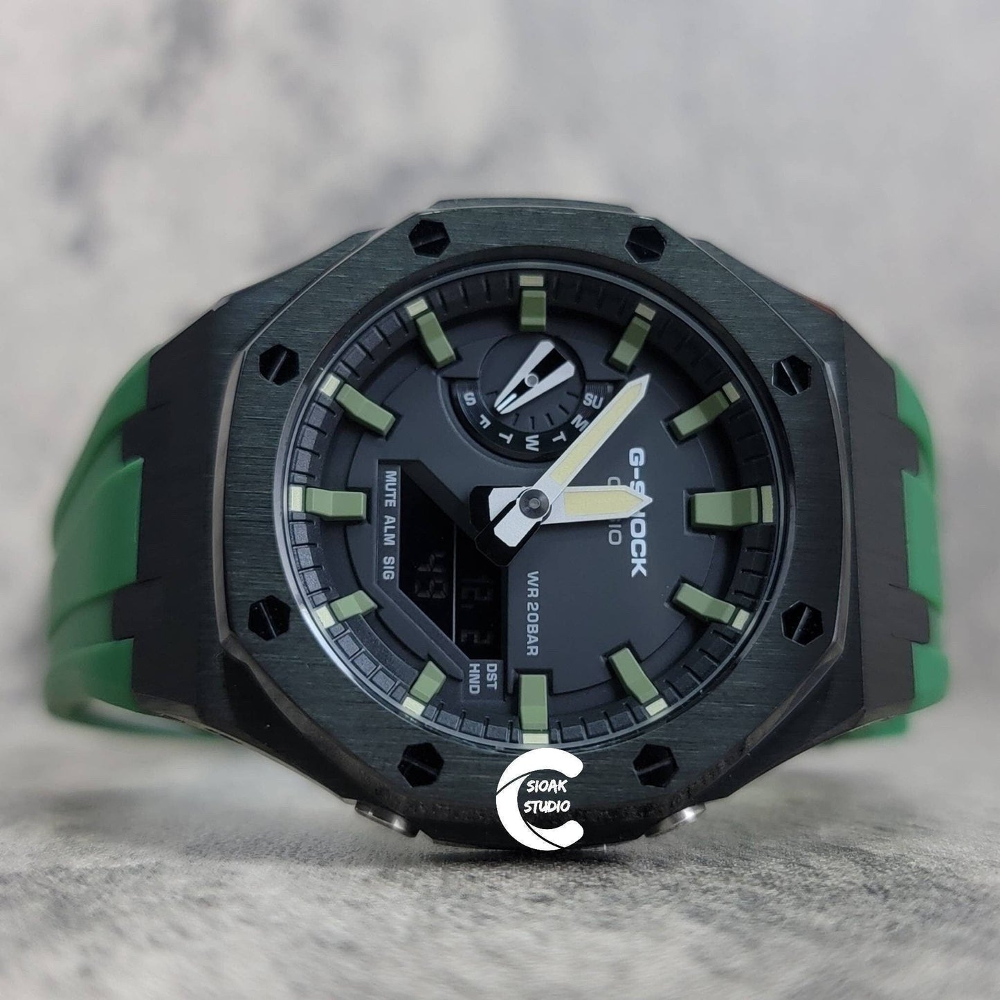 Casioak Mod Watch Black Case Green Rubber Strap Black Green Time Mark Black Dial 44mm- Casioak Mod Casio G-Shock Royal Oak Custom Mens Luxury Watches Ga2100