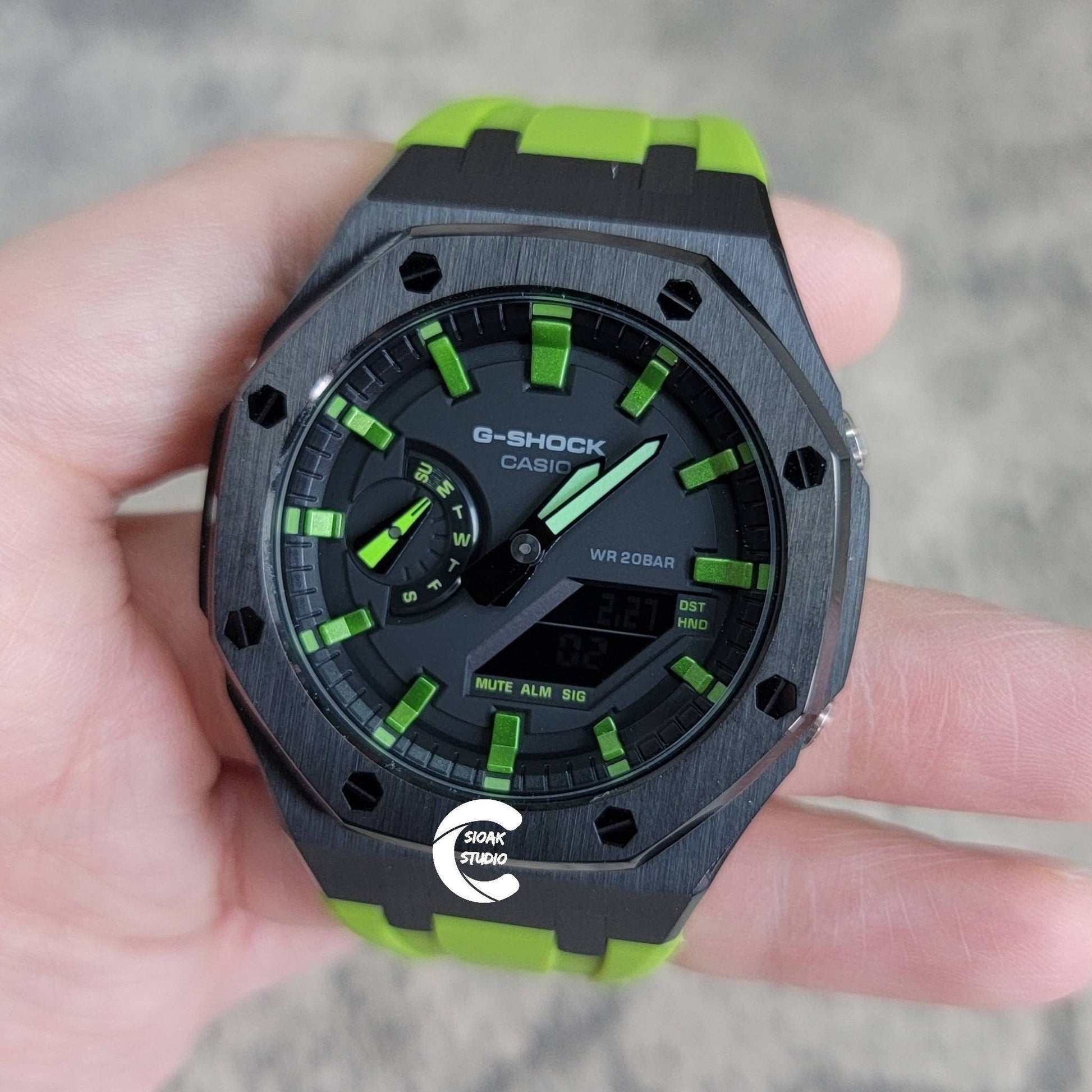 Casioak Mod Watch Black Case Green Rubber Strap Black Green Time Mark Black Dial 44mm- Casioak Mod Casio G-Shock Royal Oak Custom Mens Luxury Watches Ga2100