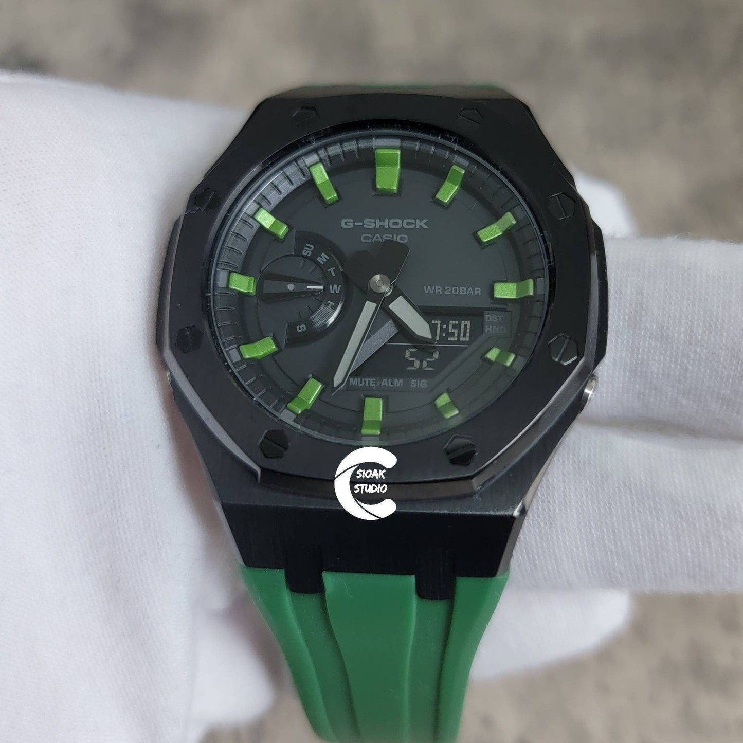 Casioak Mod Watch Black Case Green Rubber Strap Black Green Time Mark Black Dial 44mm- Casioak Mod Casio G-Shock Royal Oak Custom Mens Luxury Watches Ga2100