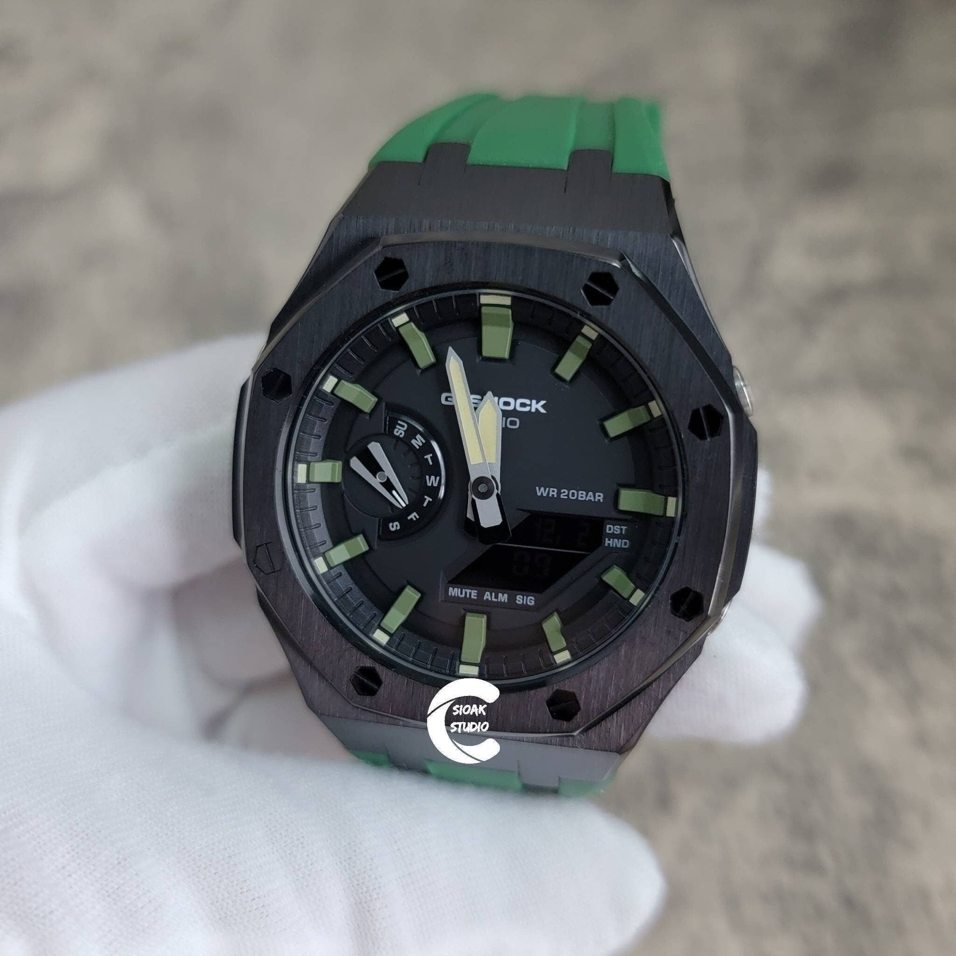 Casioak Mod Watch Black Case Green Rubber Strap Black Green Time Mark Black Dial 44mm- Casioak Mod Casio G-Shock Royal Oak Custom Mens Luxury Watches Ga2100