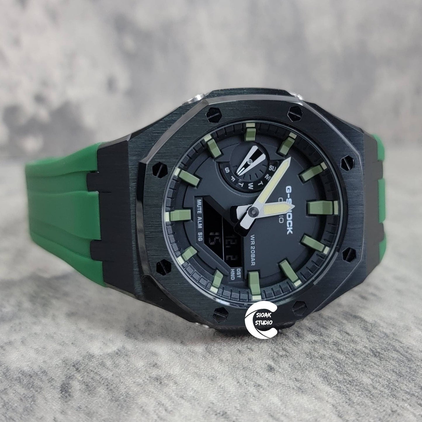 Casioak Mod Watch Black Case Green Rubber Strap Black Green Time Mark Black Dial 44mm- Casioak Mod Casio G-Shock Royal Oak Custom Mens Luxury Watches Ga2100