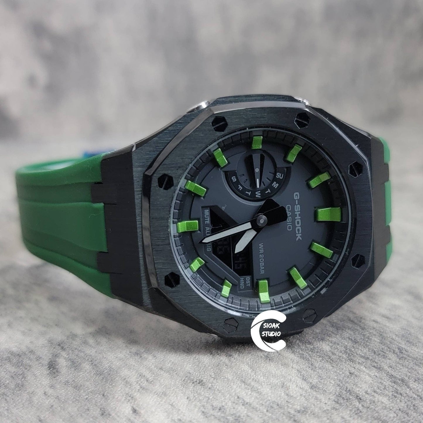 Casioak Mod Watch Black Case Green Rubber Strap Black Green Time Mark Black Dial 44mm- Casioak Mod Casio G-Shock Royal Oak Custom Mens Luxury Watches Ga2100