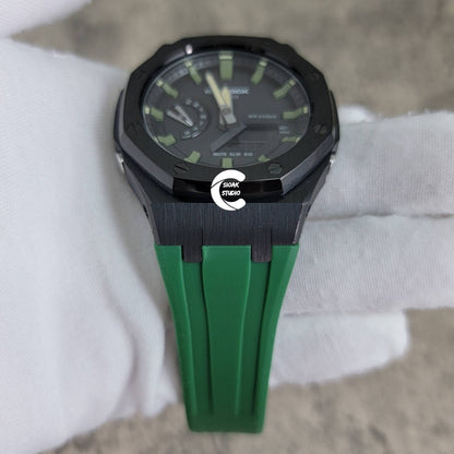 Casioak Mod Watch Black Case Green Rubber Strap Black Green Time Mark Black Dial 44mm- Casioak Mod Casio G-Shock Royal Oak Custom Mens Luxury Watches Ga2100