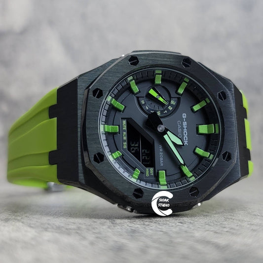 Casioak Mod Watch Black Case Green Rubber Strap Black Green Time Mark Black Dial 44mm- Casioak Mod Casio G-Shock Royal Oak Custom Mens Luxury Watches Ga2100