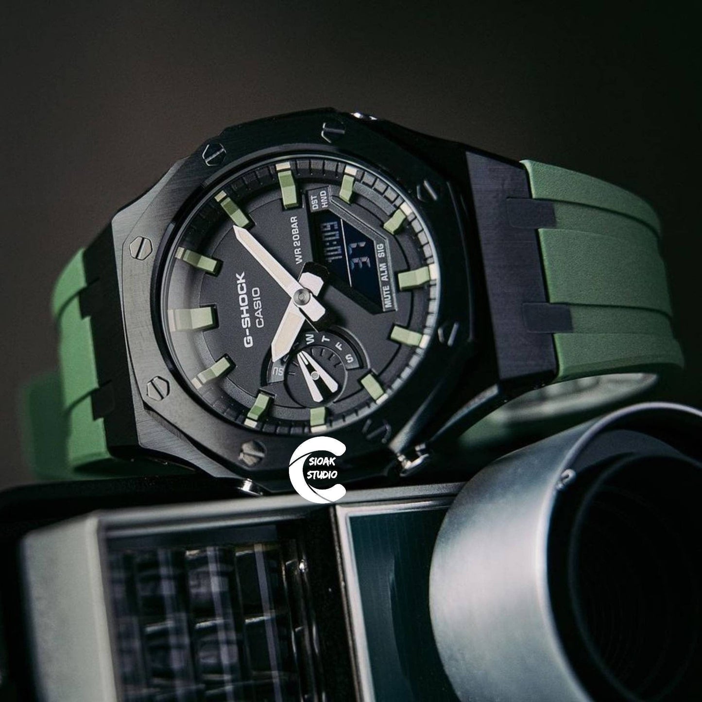 Casioak Mod Watch Black Case Green Rubber Strap Black Green Time Mark Black Dial 44mm- Casioak Mod Casio G-Shock Royal Oak Custom Mens Luxury Watches Ga2100