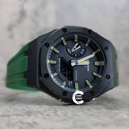 Casioak Mod Watch Black Case Green Rubber Strap Black Green Time Mark Black Dial 44mm- Casioak Mod Casio G-Shock Royal Oak Custom Mens Luxury Watches Ga2100