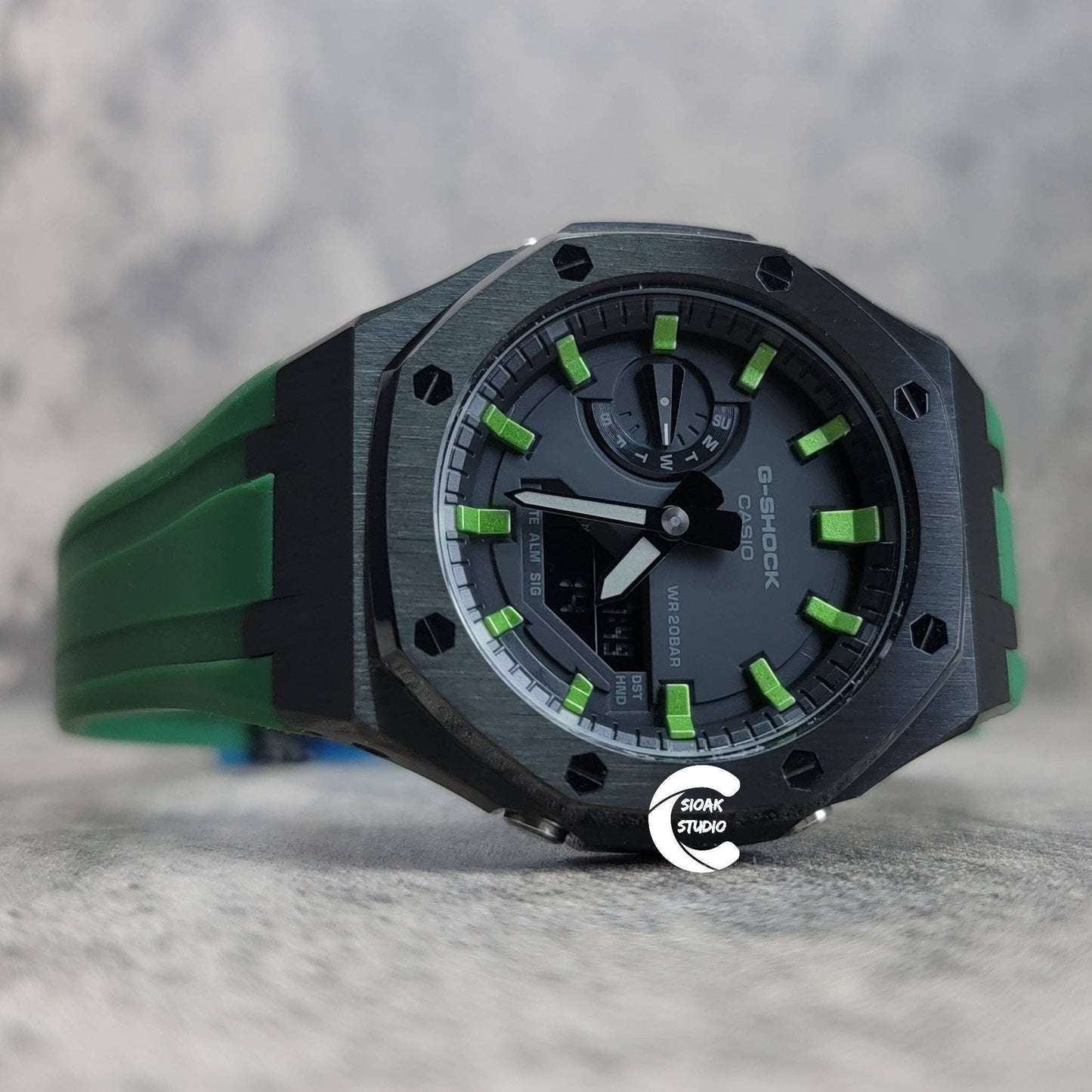 Casioak Mod Watch Black Case Green Rubber Strap Black Green Time Mark Black Dial 44mm- Casioak Mod Casio G-Shock Royal Oak Custom Mens Luxury Watches Ga2100