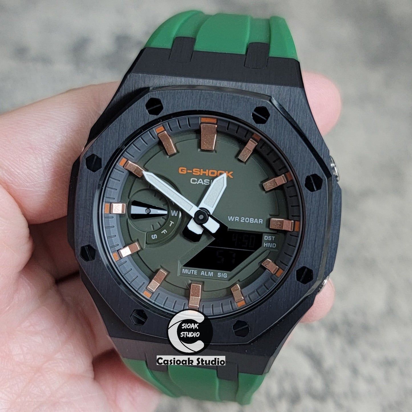 Casioak Mod Watch Black Case Green Rubber Strap Black Rose Gold Time Mark Olive Green Dial 44mm- Casioak Mod Casio G-Shock Royal Oak Custom Mens Luxury Watches Ga2100