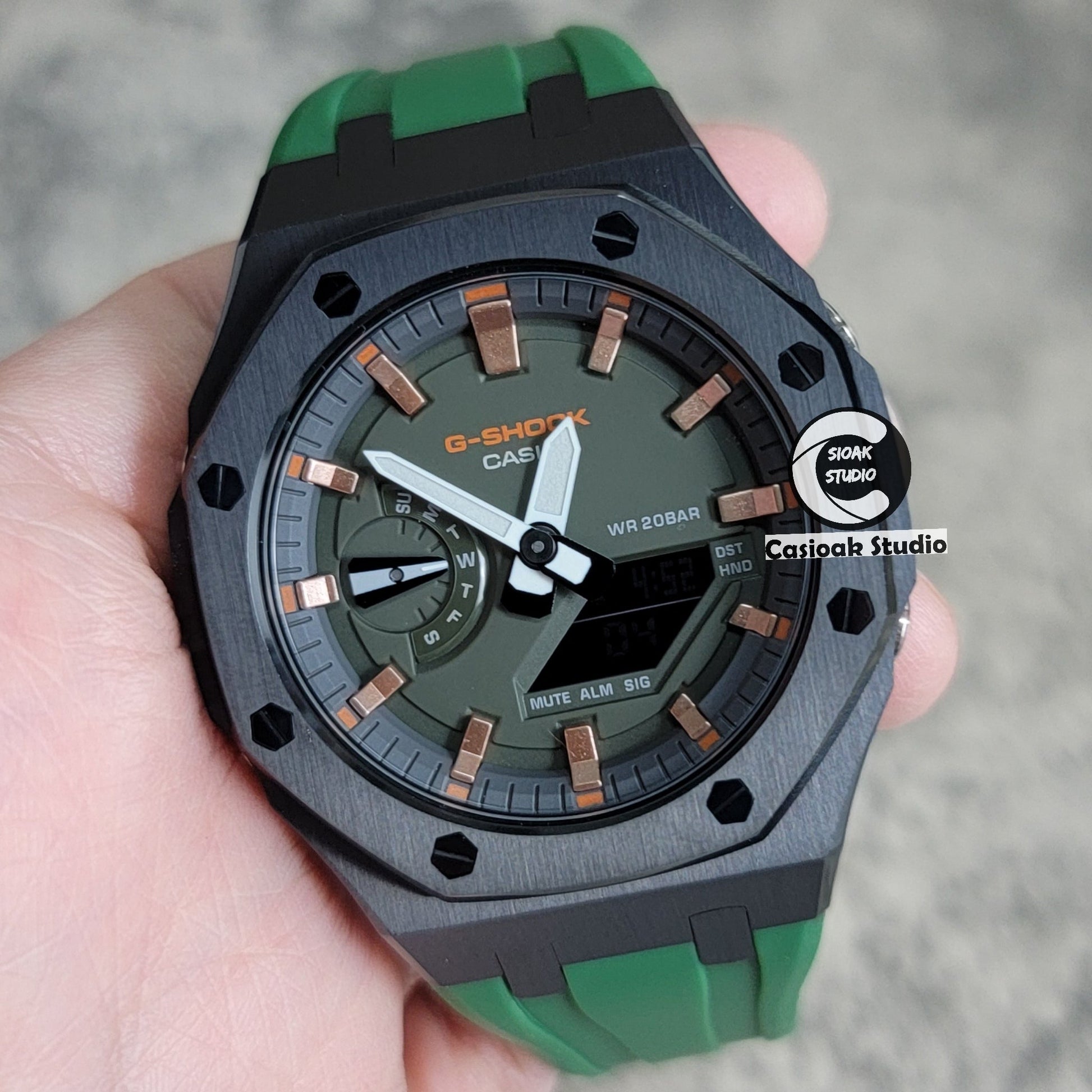 Casioak Mod Watch Black Case Green Rubber Strap Black Rose Gold Time Mark Olive Green Dial 44mm- Casioak Mod Casio G-Shock Royal Oak Custom Mens Luxury Watches Ga2100