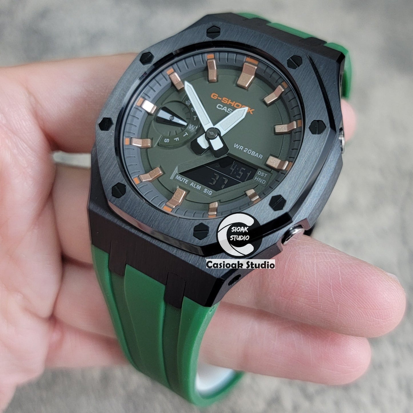 Casioak Mod Watch Black Case Green Rubber Strap Black Rose Gold Time Mark Olive Green Dial 44mm- Casioak Mod Casio G-Shock Royal Oak Custom Mens Luxury Watches Ga2100