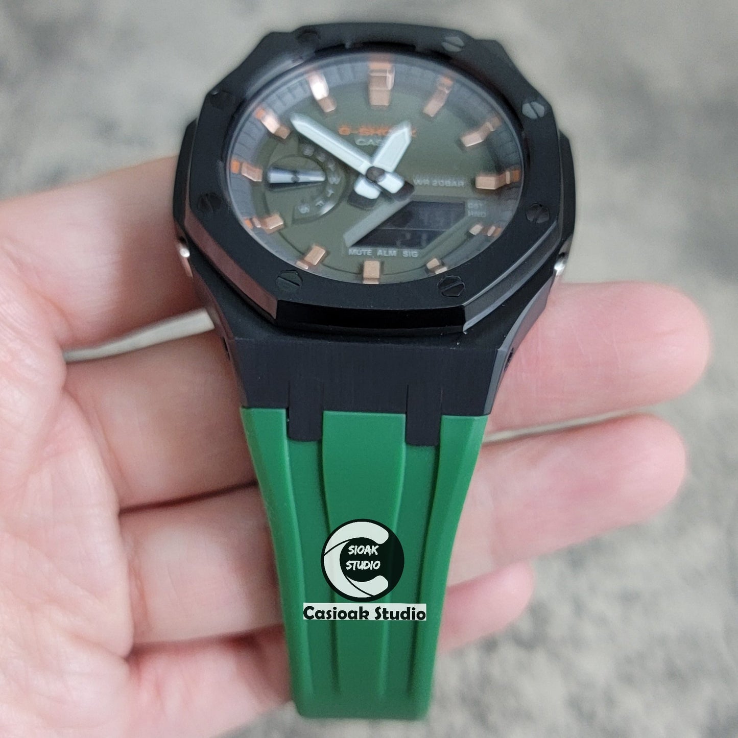 Casioak Mod Watch Black Case Green Rubber Strap Black Rose Gold Time Mark Olive Green Dial 44mm- Casioak Mod Casio G-Shock Royal Oak Custom Mens Luxury Watches Ga2100