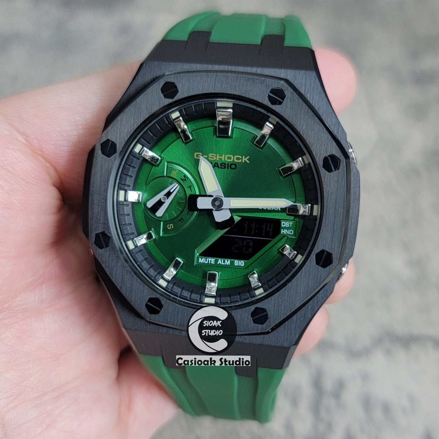 Casioak Mod Watch Black Case Green Rubber Strap Black Silver Time Mark Green Dial 44mm- Casioak Mod Casio G-Shock Royal Oak Custom Mens Luxury Watches Ga2100