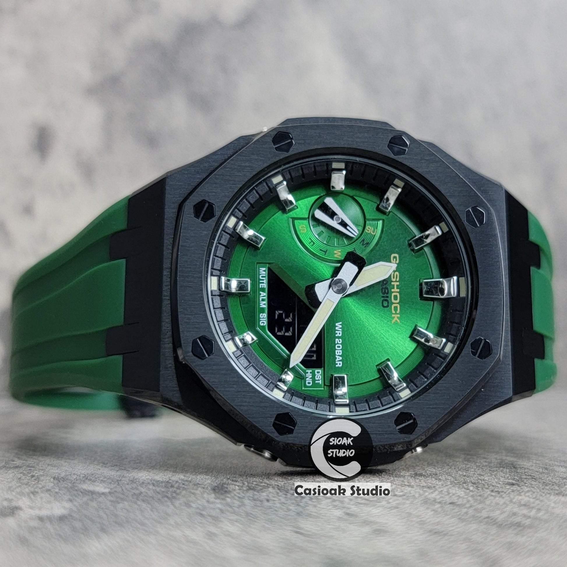 Casioak Mod Watch Black Case Green Rubber Strap Black Silver Time Mark Green Dial 44mm- Casioak Mod Casio G-Shock Royal Oak Custom Mens Luxury Watches Ga2100