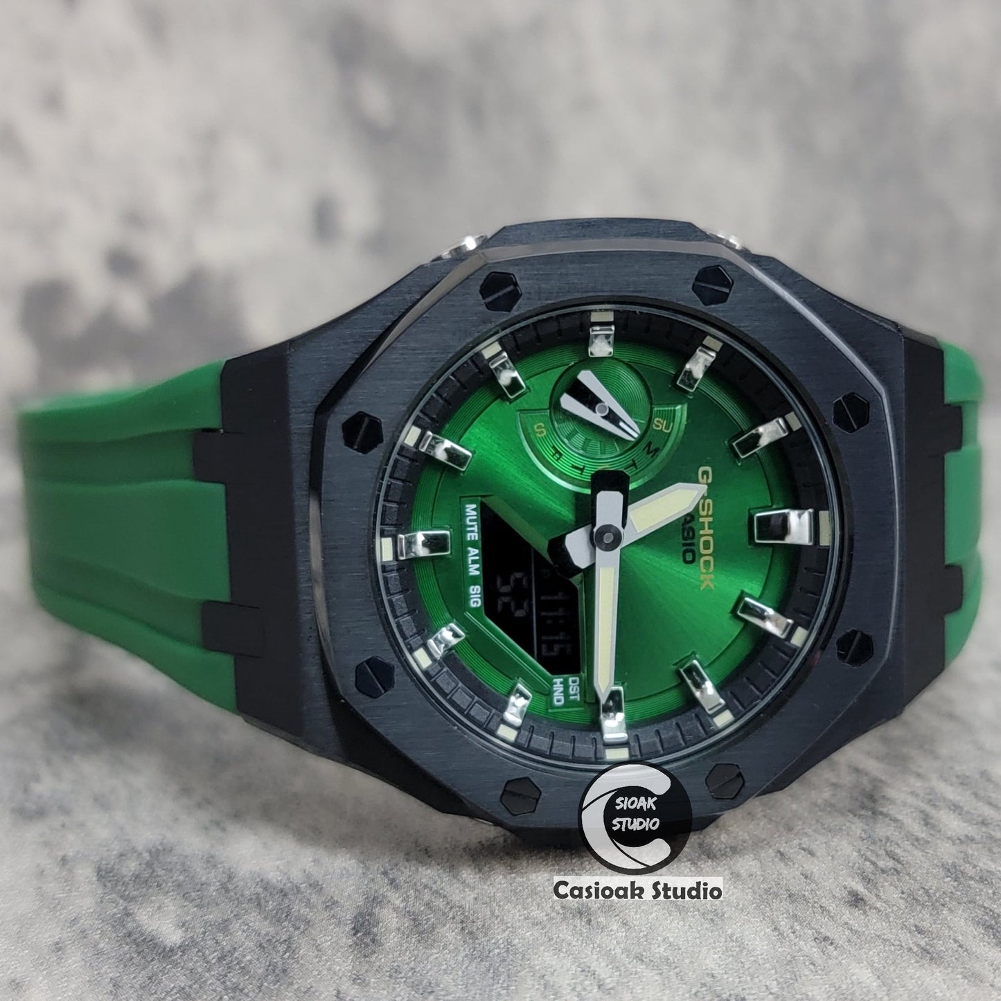 Casioak Mod Watch Black Case Green Rubber Strap Black Silver Time Mark Green Dial 44mm- Casioak Mod Casio G-Shock Royal Oak Custom Mens Luxury Watches Ga2100