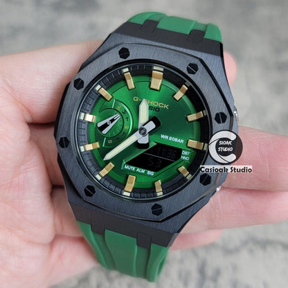 Casioak Mod Watch Black Case Green Rubber Strap Black Silver Time Mark Green Dial 44mm- Casioak Mod Casio G-Shock Royal Oak Custom Mens Luxury Watches Ga2100