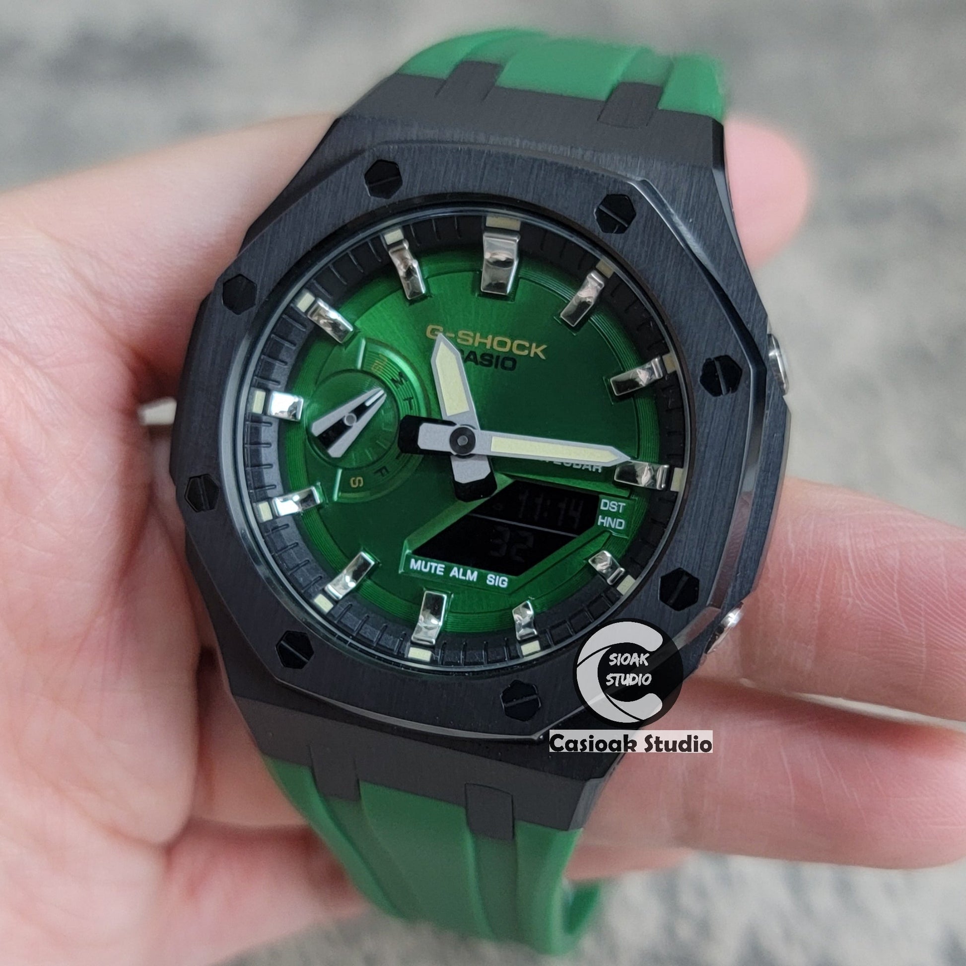 Casioak Mod Watch Black Case Green Rubber Strap Black Silver Time Mark Green Dial 44mm- Casioak Mod Casio G-Shock Royal Oak Custom Mens Luxury Watches Ga2100