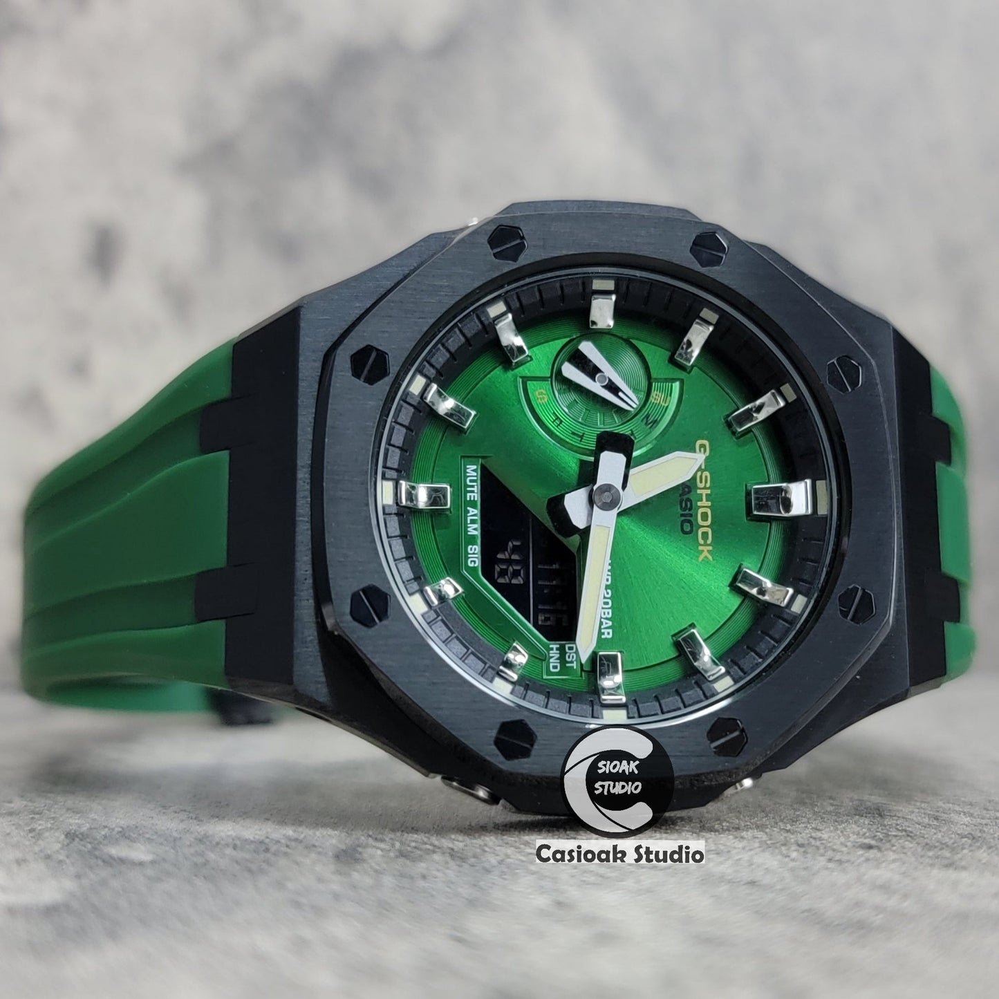 Casioak Mod Watch Black Case Green Rubber Strap Black Silver Time Mark Green Dial 44mm- Casioak Mod Casio G-Shock Royal Oak Custom Mens Luxury Watches Ga2100