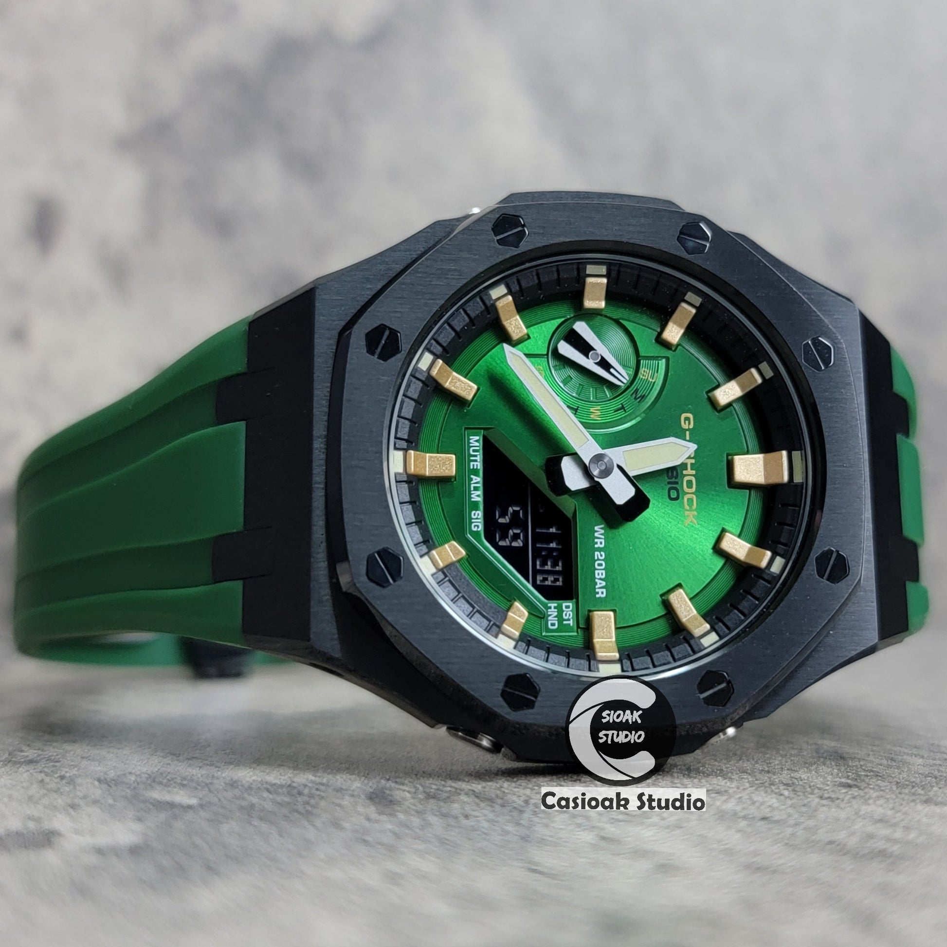 Casioak Mod Watch Black Case Green Rubber Strap Black Silver Time Mark Green Dial 44mm- Casioak Mod Casio G-Shock Royal Oak Custom Mens Luxury Watches Ga2100