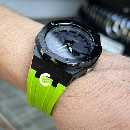 Casioak Mod Watch Black Case Green Rubber Strap Black Time Mark Black Dial 44mm- Casioak Mod Casio G-Shock Royal Oak Custom Mens Luxury Watches Ga2100