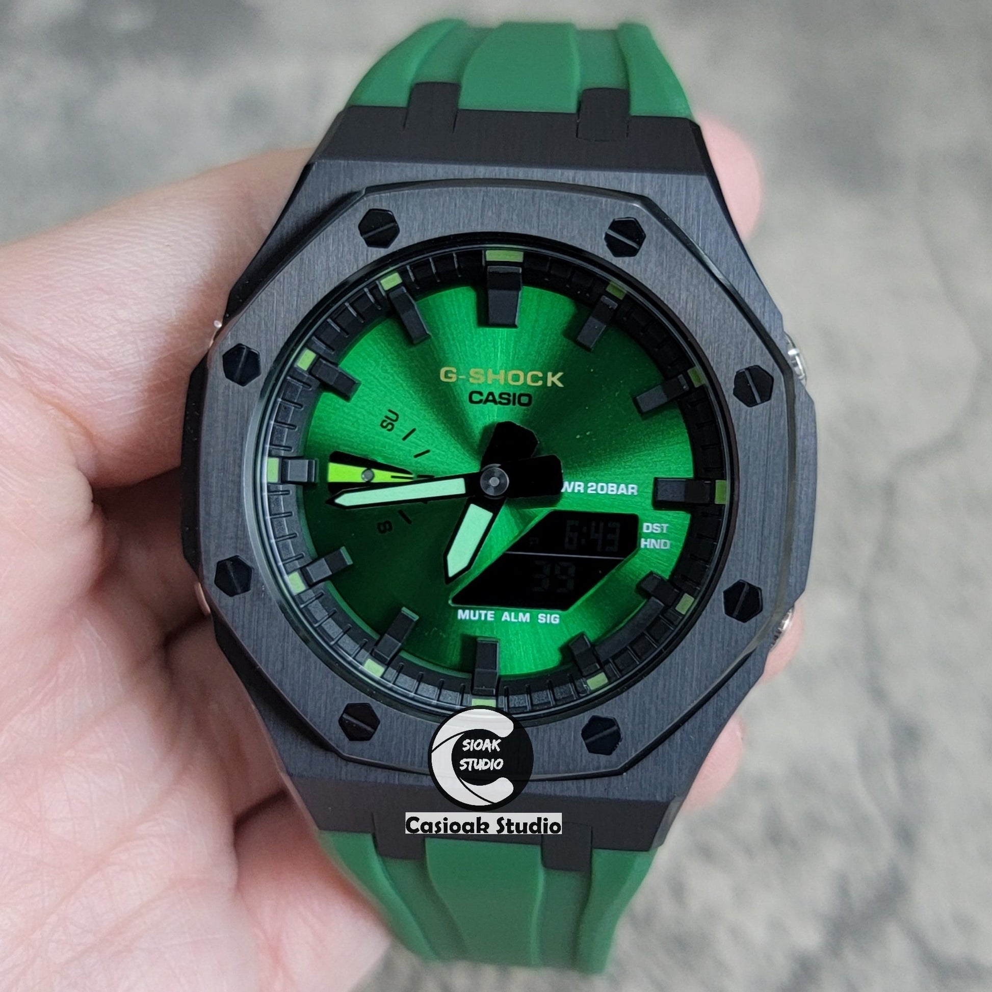 Casioak Mod Watch Black Case Green Rubber Strap Black Time Mark Green Dial 44mm- Casioak Mod Casio G-Shock Royal Oak Custom Mens Luxury Watches Ga2100